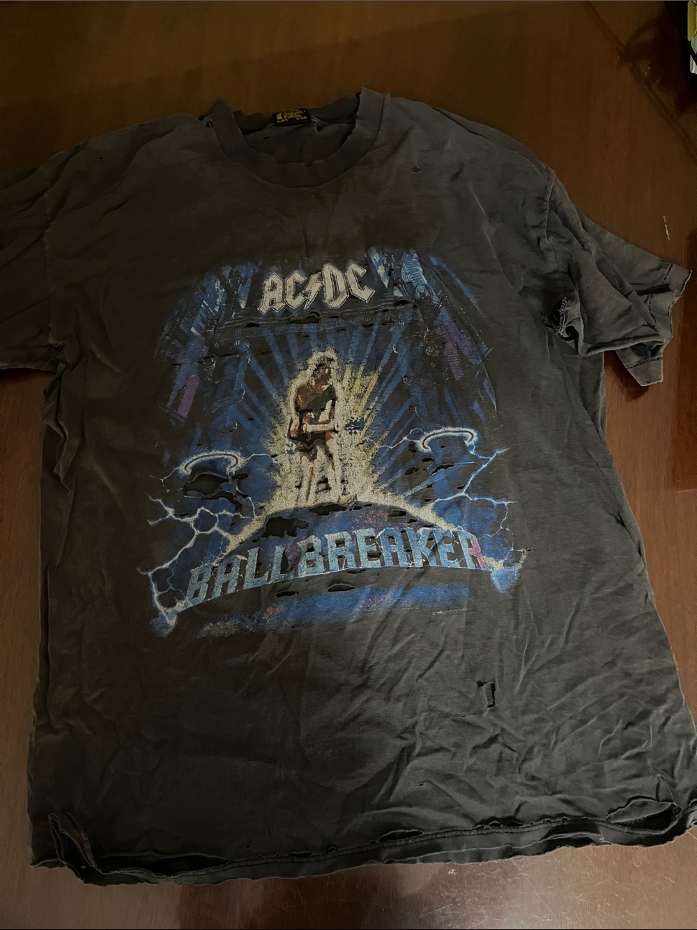AC/DC Black Tee with Blue and White Ballbreaker Graphic VINTAGE shredded